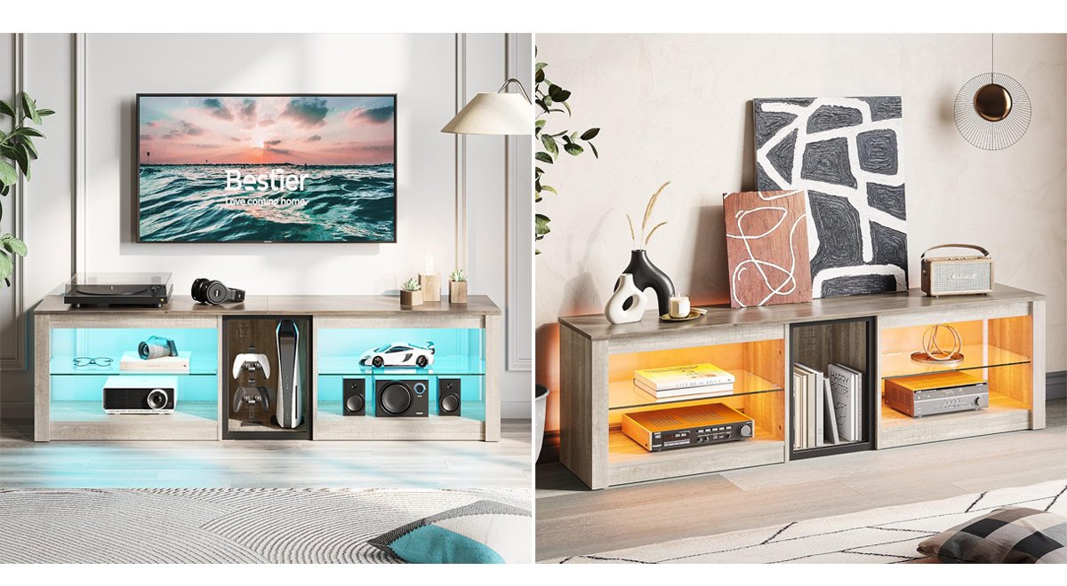 LED TV Cabinet with Glass Shelves for Living Room