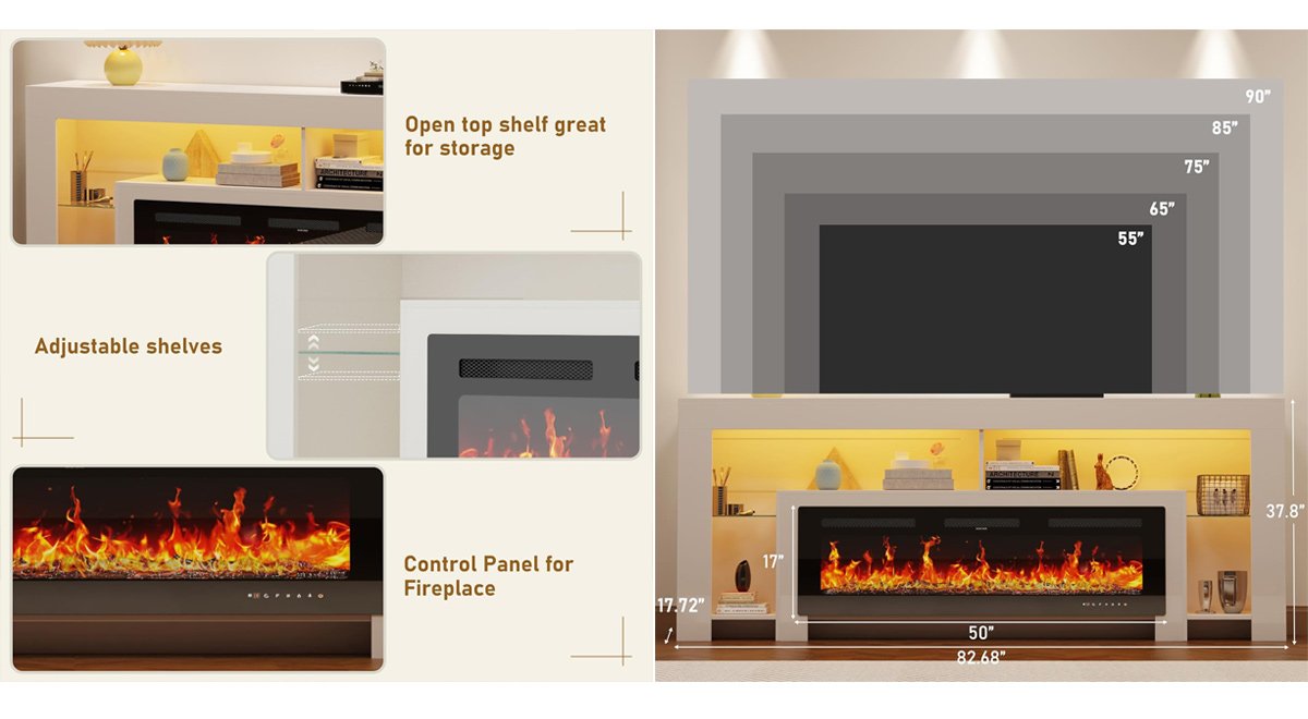 Modern High Gloss Fireplace TV Stand with 50" Fireplace