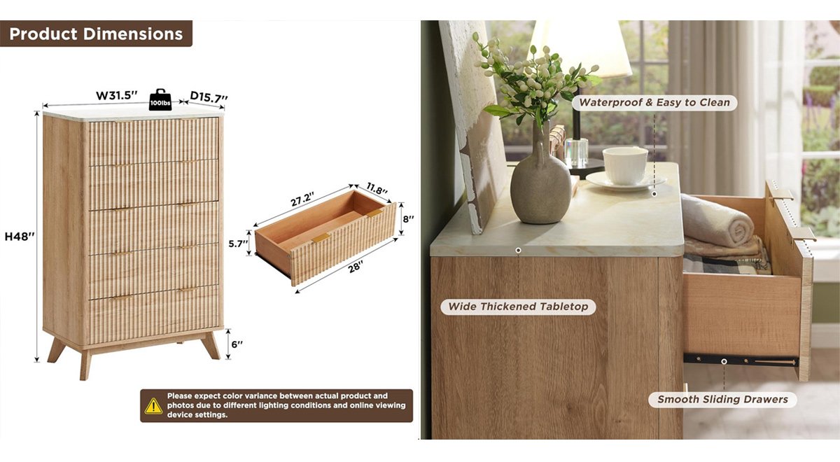 Fluted Design 5-Drawers Dresser Organizer