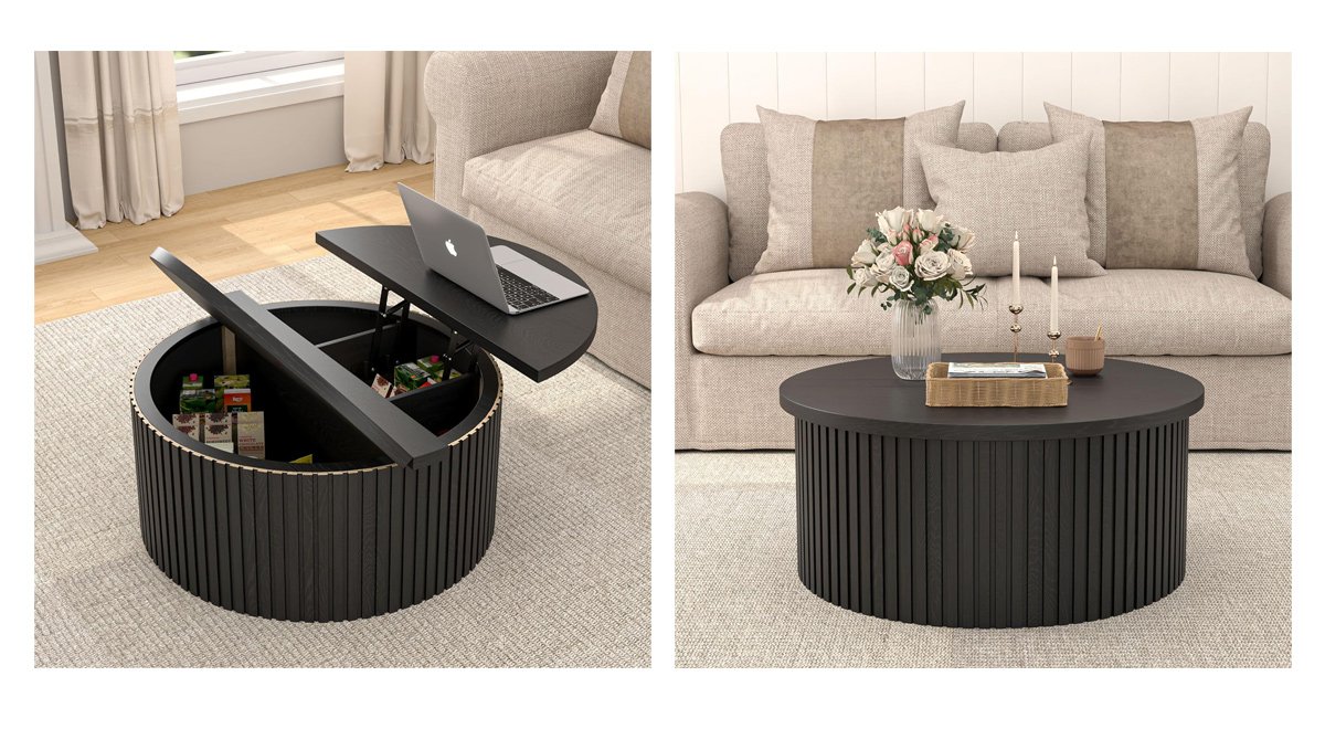Round Fluted Lift Top Coffee Table with Storage