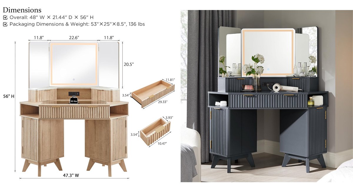 Fluted Makeup Vanity Desk with 3 Way Mirror and Lights