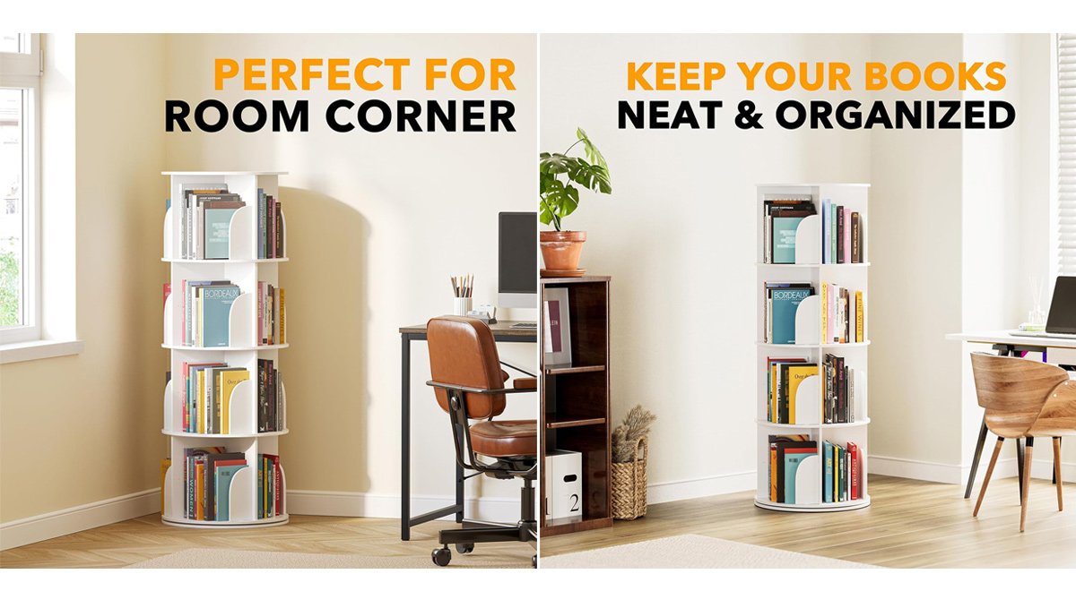 4 Tier Rotating Bookshelf Tower, Spinning Bookcase , Revolving 360 Book Shelf Storage