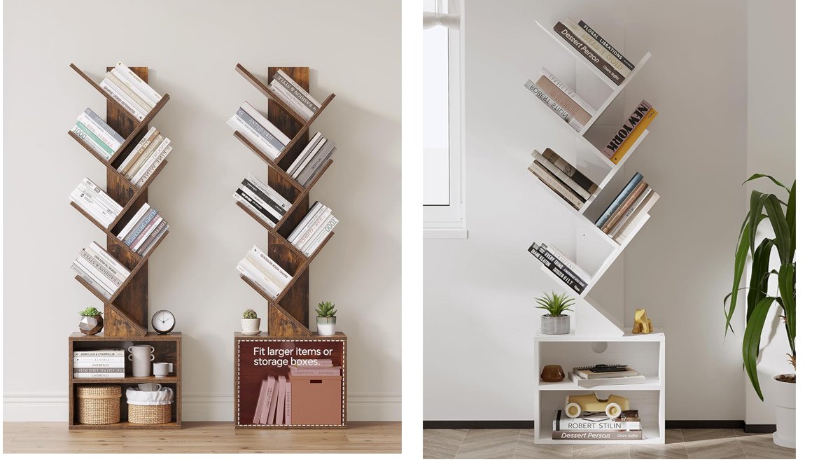 6 Tier Tree Bookshelf, Small Bookcase with Storage Cabinet