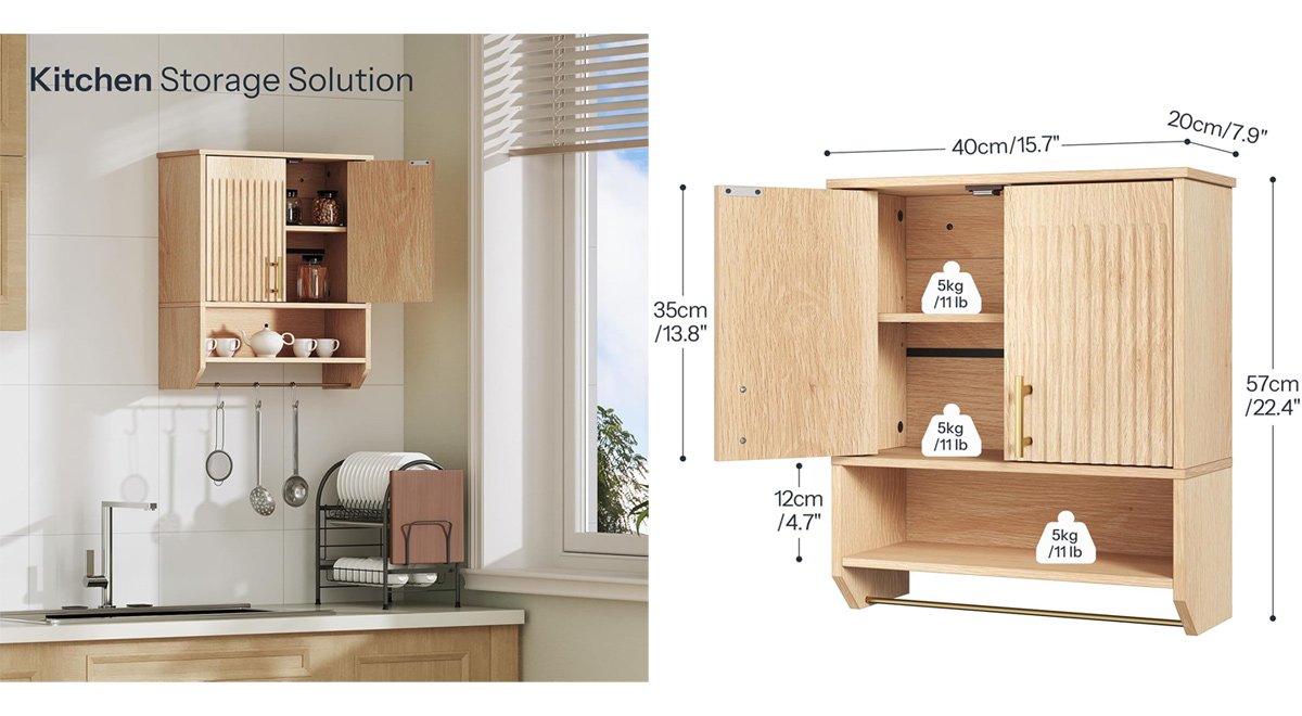 Fluted Bathroom Wall Cabinet, Farmhouse Medicine Cabinet with 2 Fluted Doors