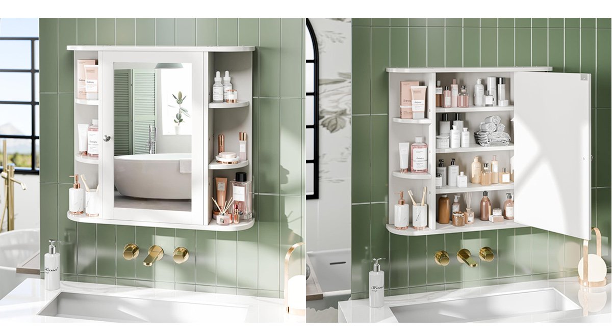 Bathroom Mirror Cabinet Wall Mounted with 6 Side Open Shelves