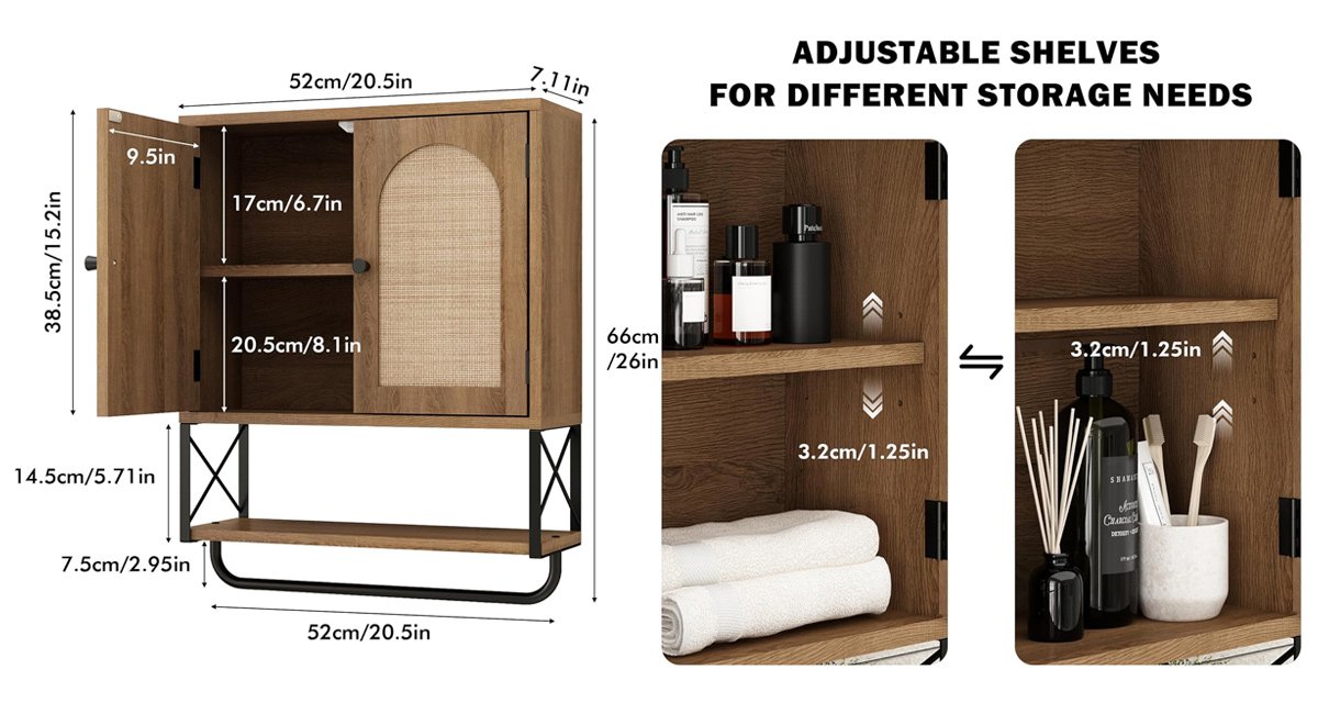Rattan Bathroom Wall Cabinet, Boho Over The Toilet Storage Cabinet with Arched Rattan Doors