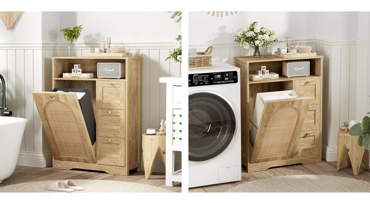 Natural Rattan Storage Cabinet with 3 Drawers, Tilt Out Trash Can Cabinet