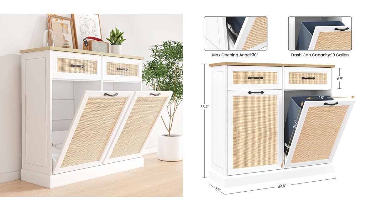 Double Trash Can Cabinet with Natural Rattan