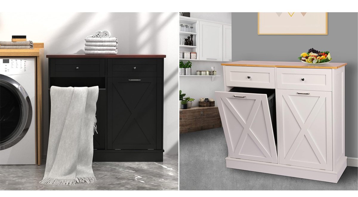 Tilt Out Trash Cabinet Free Standing 10 Gallon Recycling Trash Can Cabinet with Barn Door for Farmhouse Kitchen,Living Room, Dining Room