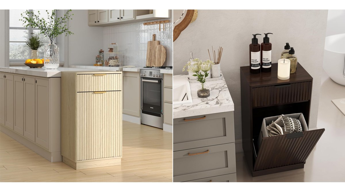 Tilt-Out Trash Cabinet with 10-Gallon Capacity, Walnut Laundry Hamper Cabinet