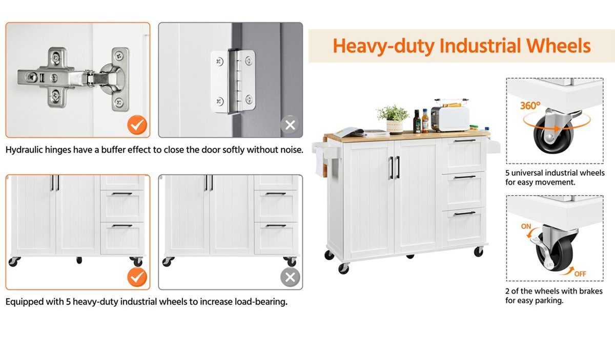 49'' Wide Rolling Kitchen Cart with Solid Wood Top