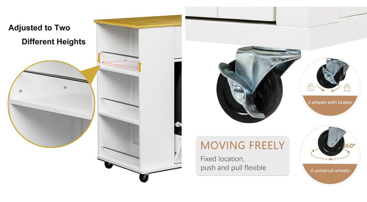 Rolling Kitchen Island with Pull-Out Trash Bin Cabinet