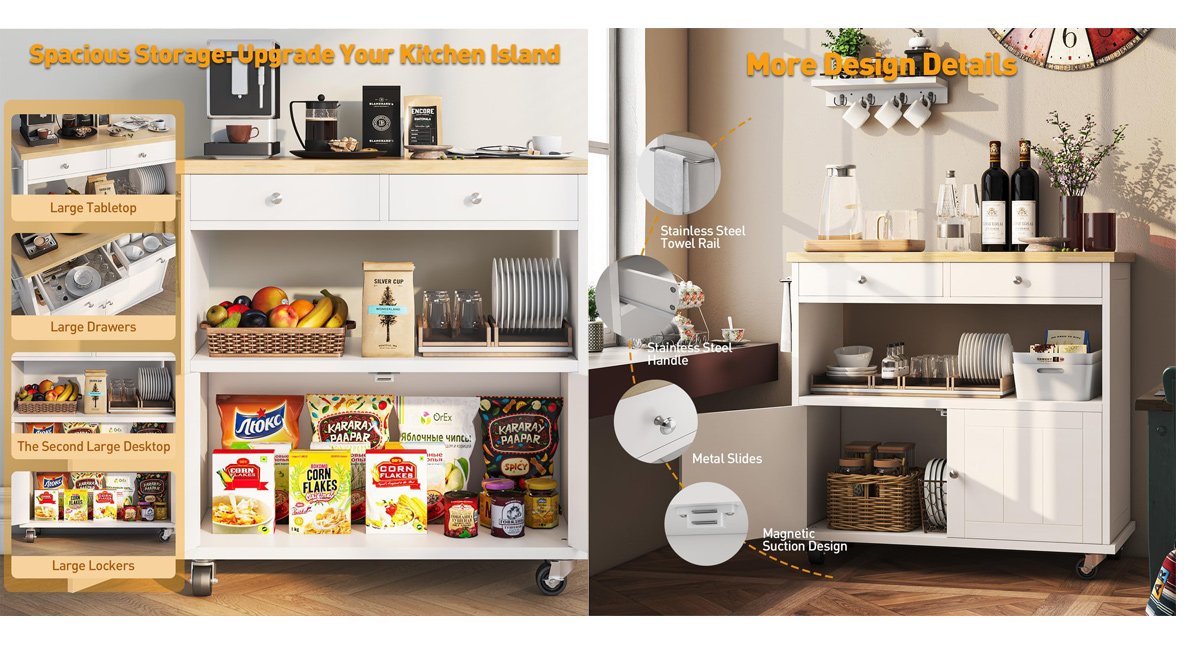 Rolling Kitchen Island Cart with Drop Leaf and 2 Drawers