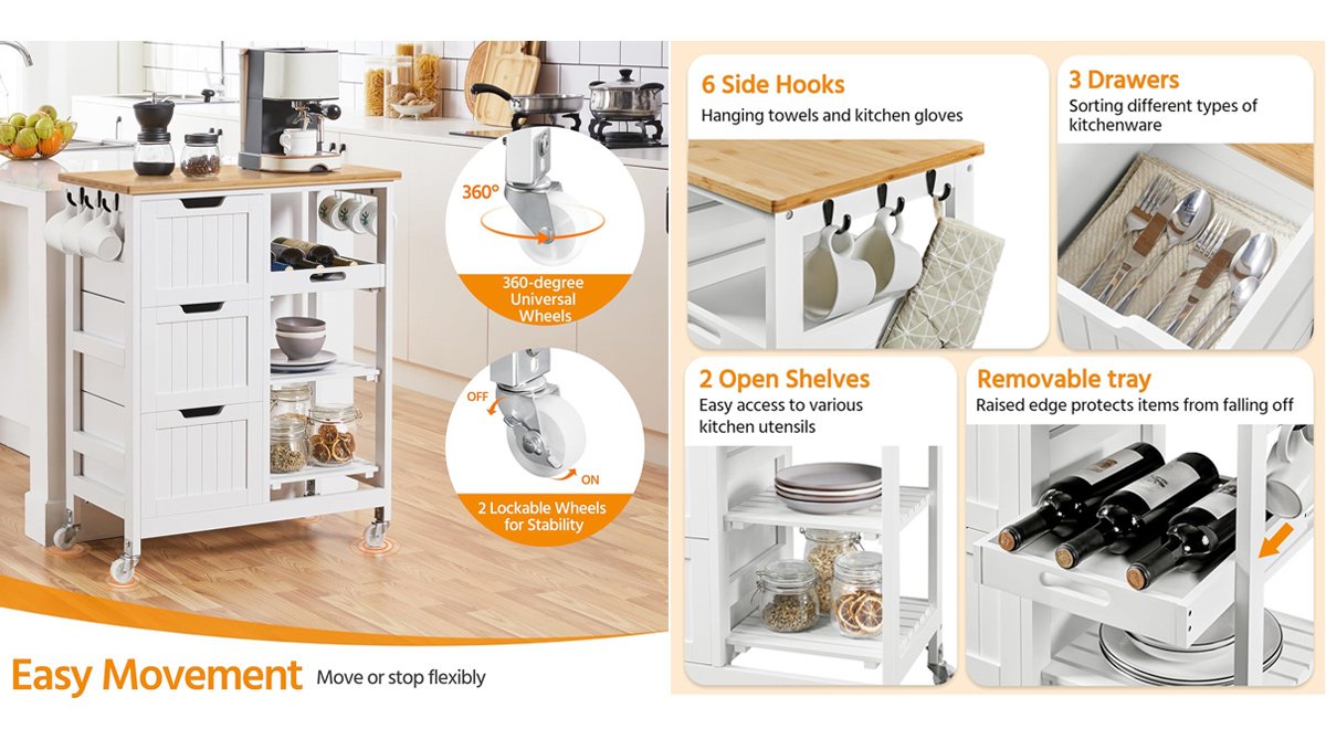Kitchen Island Cart with 3 Drawers