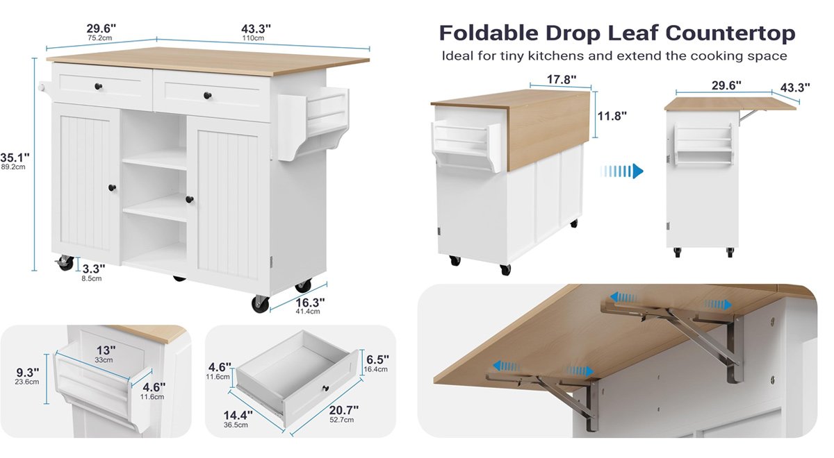 Mobile Kitchen Table Storage Cabinet with Tower Rack and Spice Rack