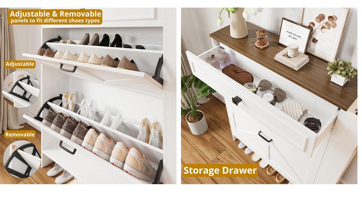 Shoe Storage Cabinet with 2 Flip Drawers & Barn Door Design