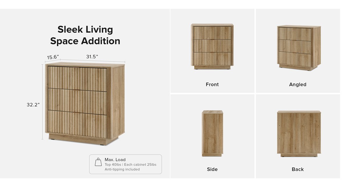 Fluted Design 3-Drawers Dresser Organizer