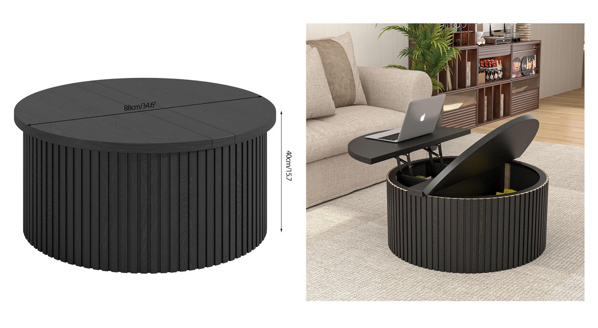 Round Fluted Lift Top Coffee Table with Storage