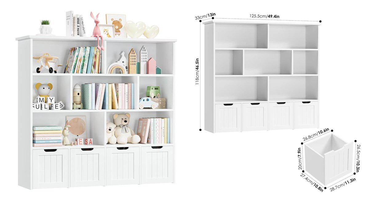 Kids Bookshelf with 4 Movable Chests and 7 Storage Cubes