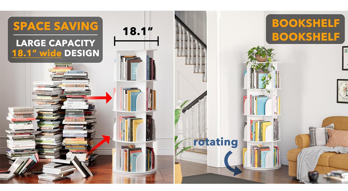 4 Tier Rotating Bookshelf Tower, Spinning Bookcase , Revolving 360 Book Shelf Storage
