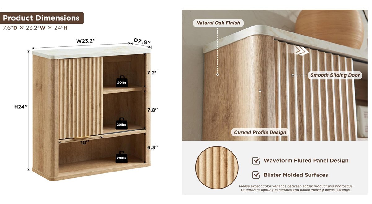 Bathroom Wall Cabinet w/Fluted Sliding Door