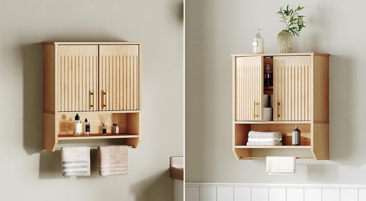 Fluted Bathroom Wall Cabinet, Farmhouse Medicine Cabinet with 2 Fluted Doors