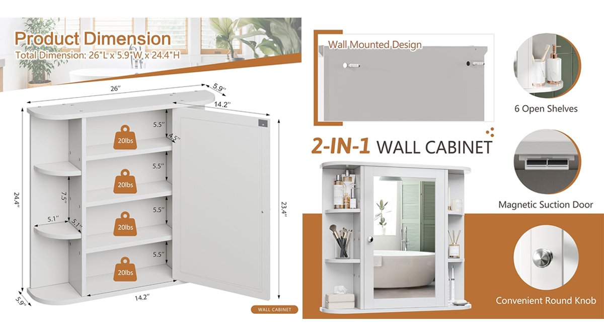 Bathroom Mirror Cabinet Wall Mounted with 6 Side Open Shelves