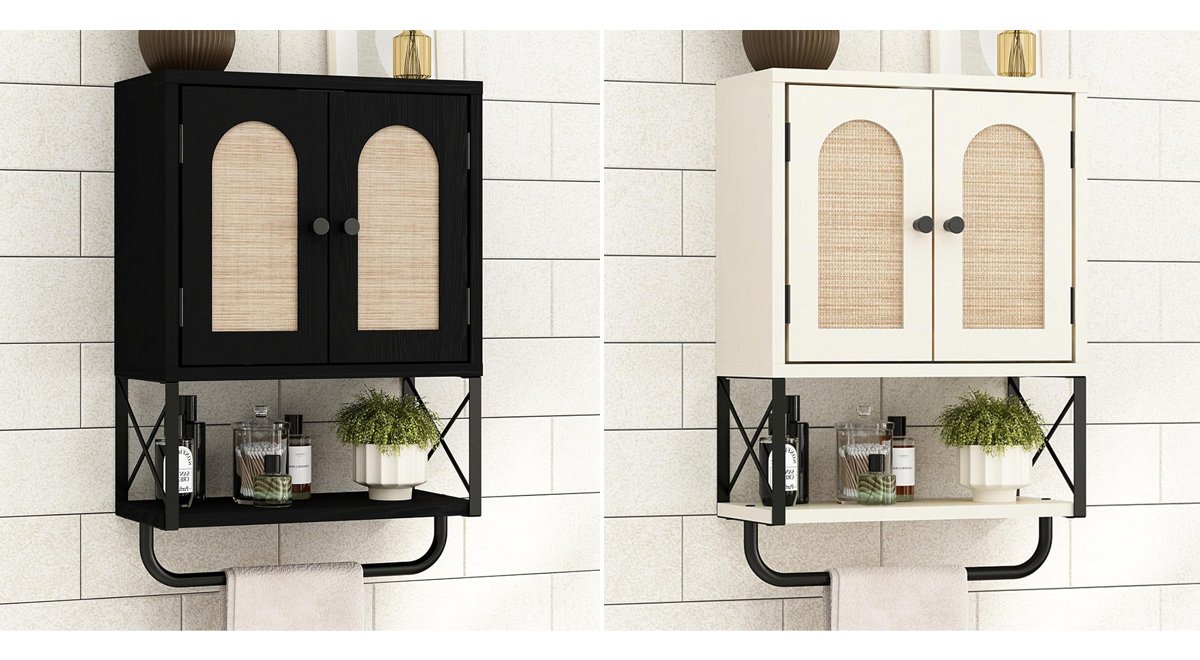Rattan Bathroom Wall Cabinet, Boho Over The Toilet Storage Cabinet with Arched Rattan Doors