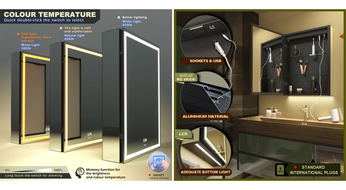 LED Lighted Bathroom Medicine Mirror Cabinet with Sockets & USB