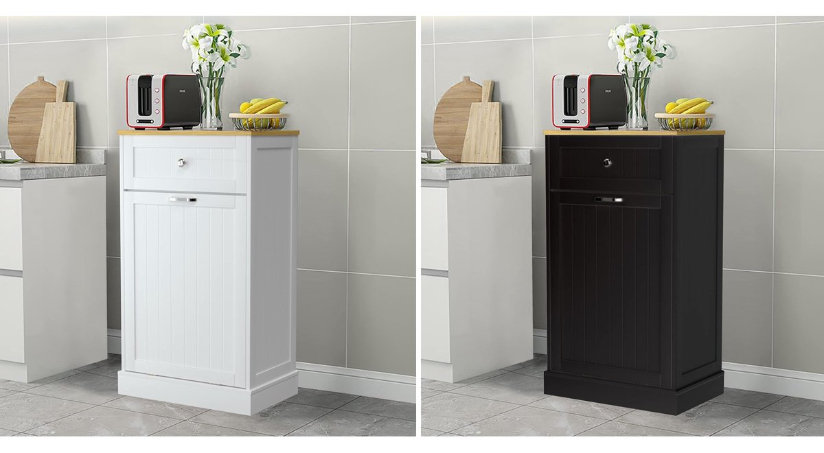 【Sturdy Construction】— High quality MDF wood sheet and stainless steel make up this Trash Cabinet. The reinforced frame and carefully selected wood panels make it long-lasting. Overall dimensions of cabinet: 20.5''W x 13"D x 35.6"H 【Updated design】— The cabinet door buckles are upgraded from 2 to 4, effectively increasing the stability of the cabinet door. We suggest two 10 gallon trash cans for this tilt out trash bin. 【Versatile storage】— can be used as a kitchen island. The countertop can place a coffee machine, microwave, etc. Also can be used as laundry bin, recycling bin, trash can etc.