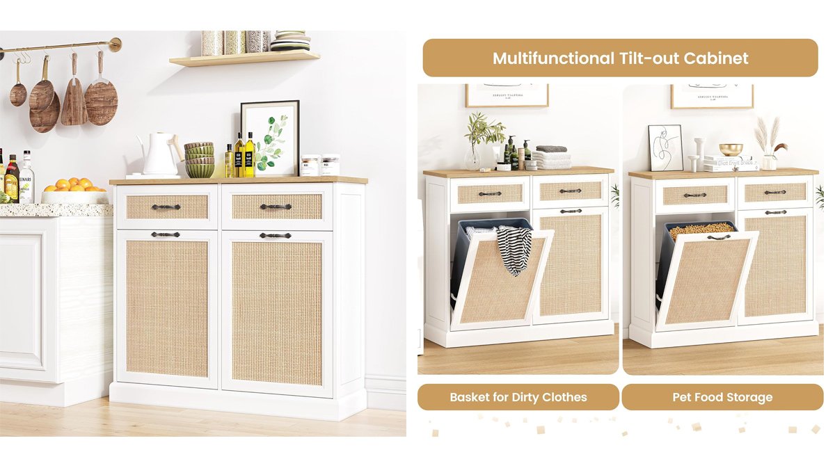Double Trash Can Cabinet with Natural Rattan