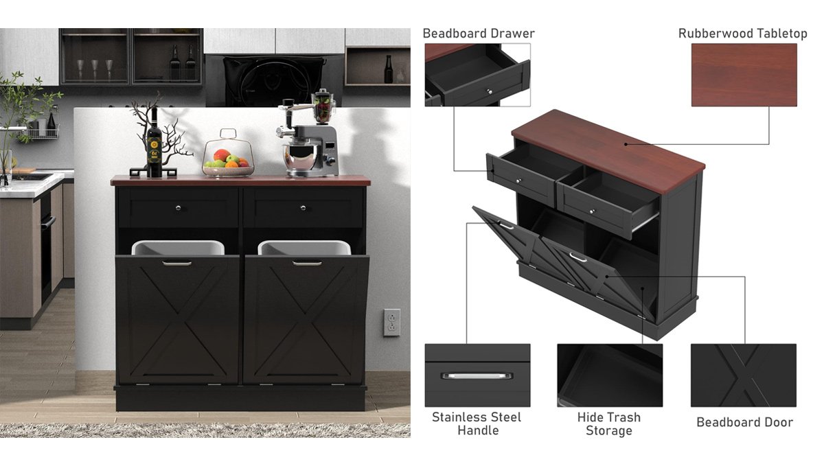 Tilt Out Trash Cabinet Free Standing 10 Gallon Recycling Trash Can Cabinet with Barn Door for Farmhouse Kitchen,Living Room, Dining Room