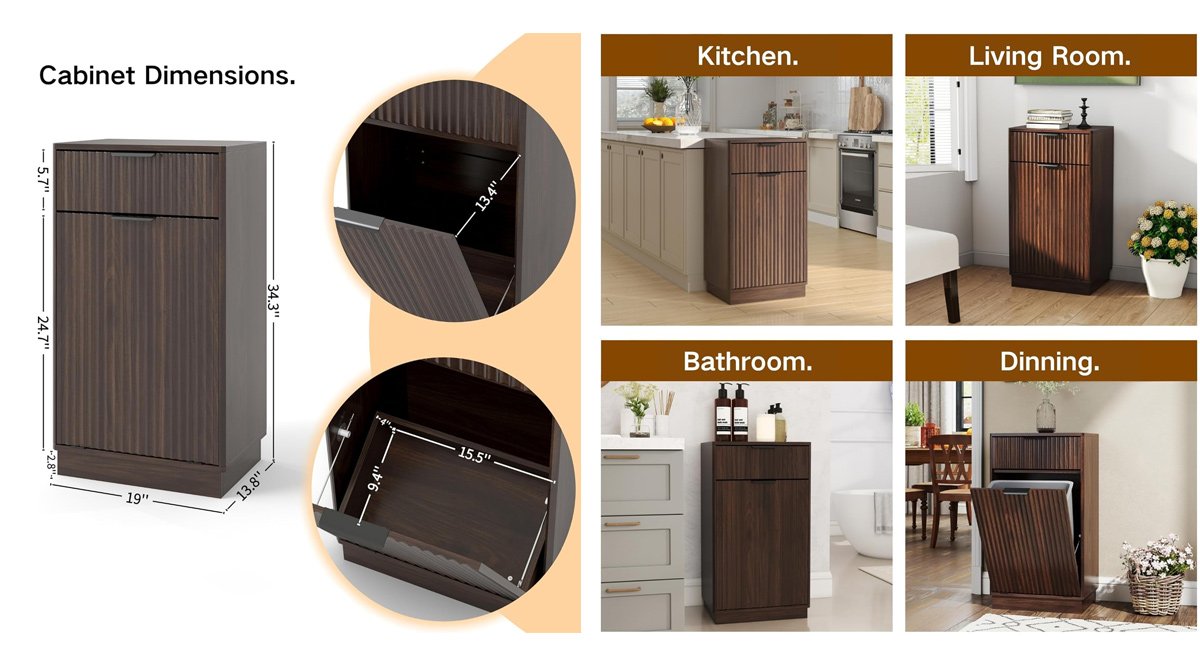 Tilt-Out Trash Cabinet with 10-Gallon Capacity, Walnut Laundry Hamper Cabinet