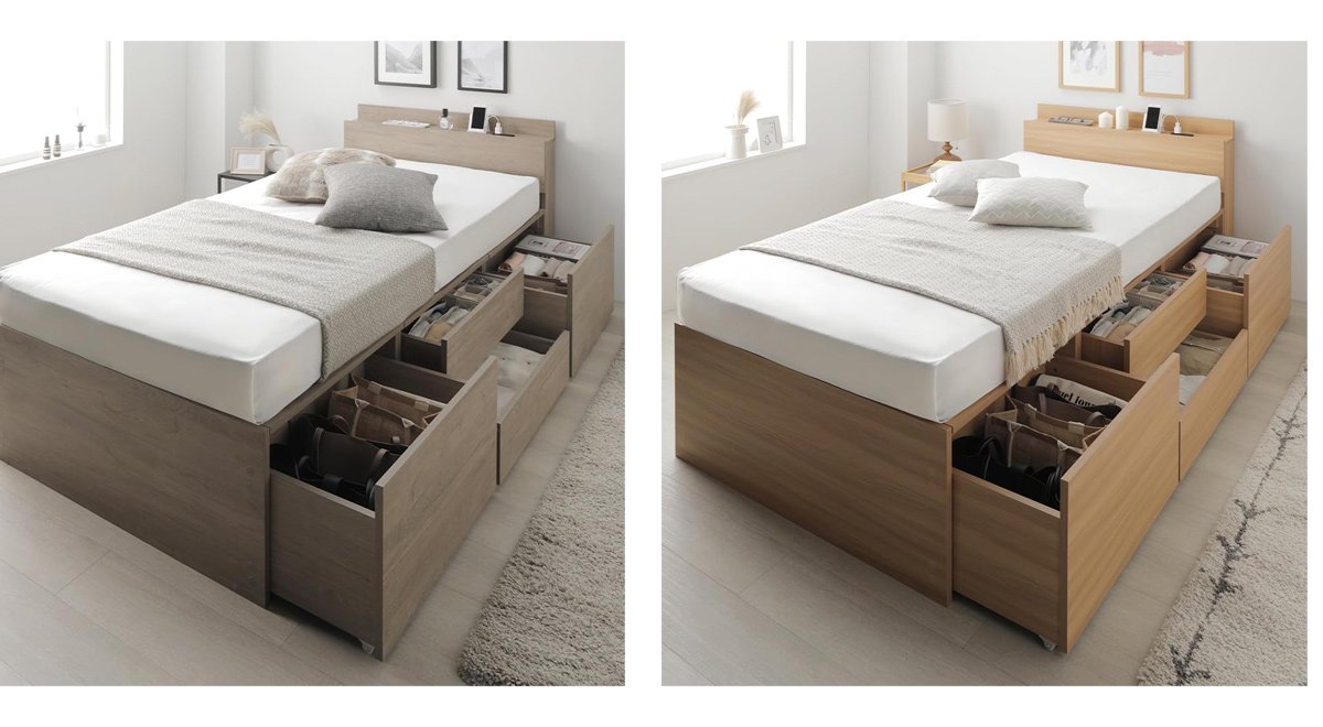 ベッド セミダブル フレームのみ グレージュ 収納付き 引き出し 大容量 チェスト 宮棚付き コンセント