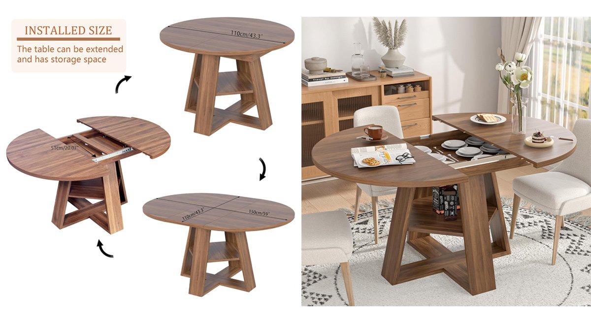 Extendable Round Dining Table for 4-8