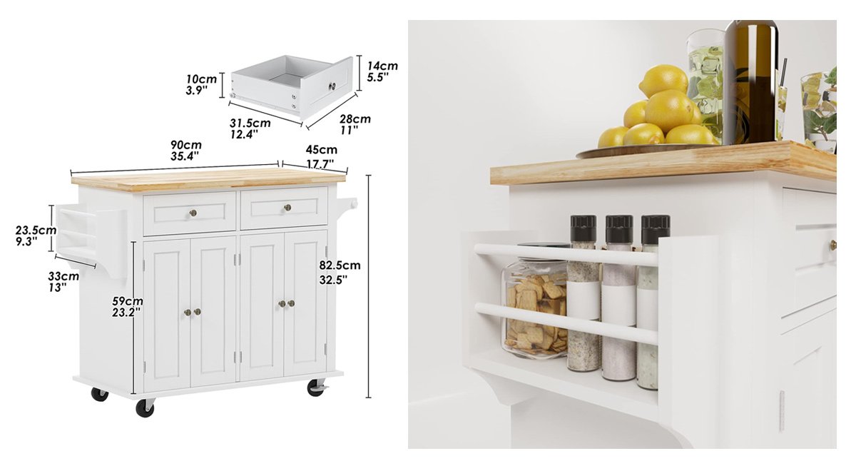 Sturdy&Stable : Kitchen Island Cart is made of high quality MDF material, rubber wood table top, beautiful. Not easy to stain, easy to clean, it has the advantages of durability and environmental protection, and has a longer service life, providing you with long-term service. Easy Mobility : The mobile kitchen island is equipped with 4 heavy duty casters and the 360° super smooth swivel wheels allow you to move easily without making any noise. Provides easy mobility. It can be moved anywhere you need it and 2 locking casters keep it in place when you don't want it to move. Large Storage Space : The kitchen cart features a large worktop, 2 drawers and 2 cabinets with slides for easy access and temporary storage for abundant ingredients and kitchenware. With the uniquely designed side bottle holder and side removable towel rack, it is convenient to store small jars and bottles, and put towels. The towel rack can be used as a trolley to move the kitchen cart, which is convenient and quick.
