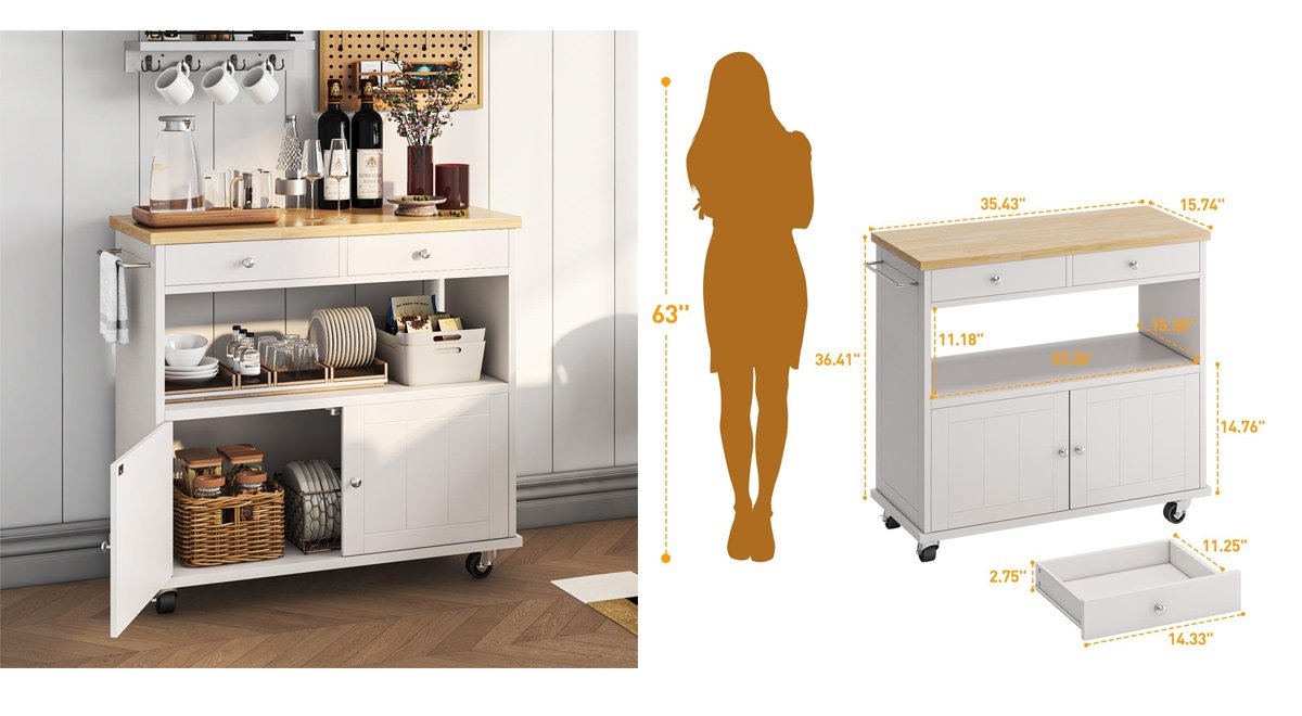 Rolling Kitchen Island Cart with Drop Leaf and 2 Drawers