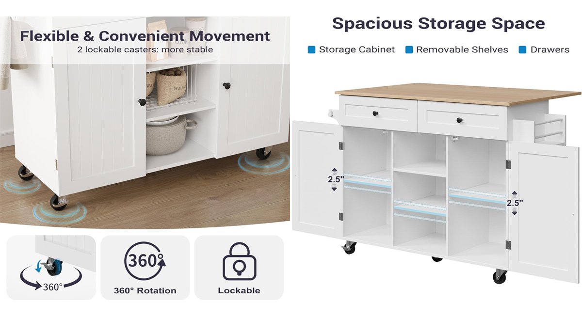 Mobile Kitchen Table Storage Cabinet with Tower Rack and Spice Rack