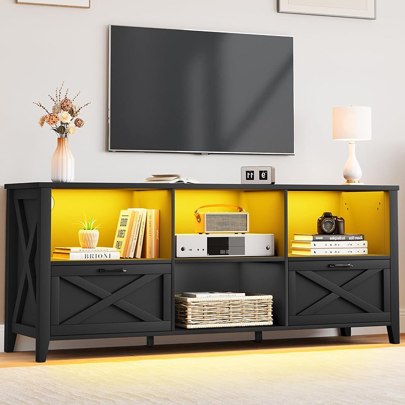 Farmhouse TV Stand Black 70" with LED Light