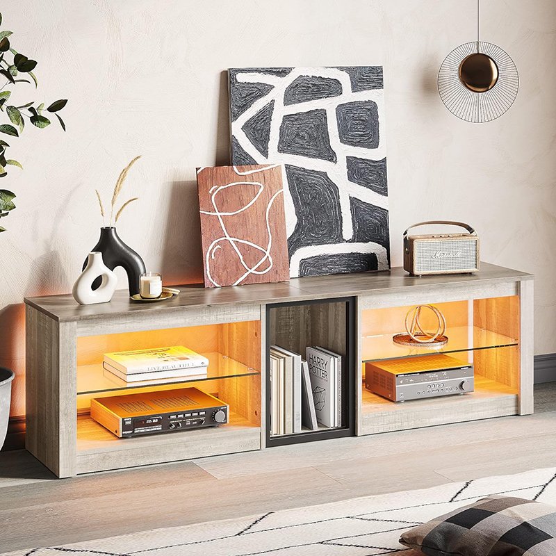 LED TV Cabinet with Glass Shelves for Living Room