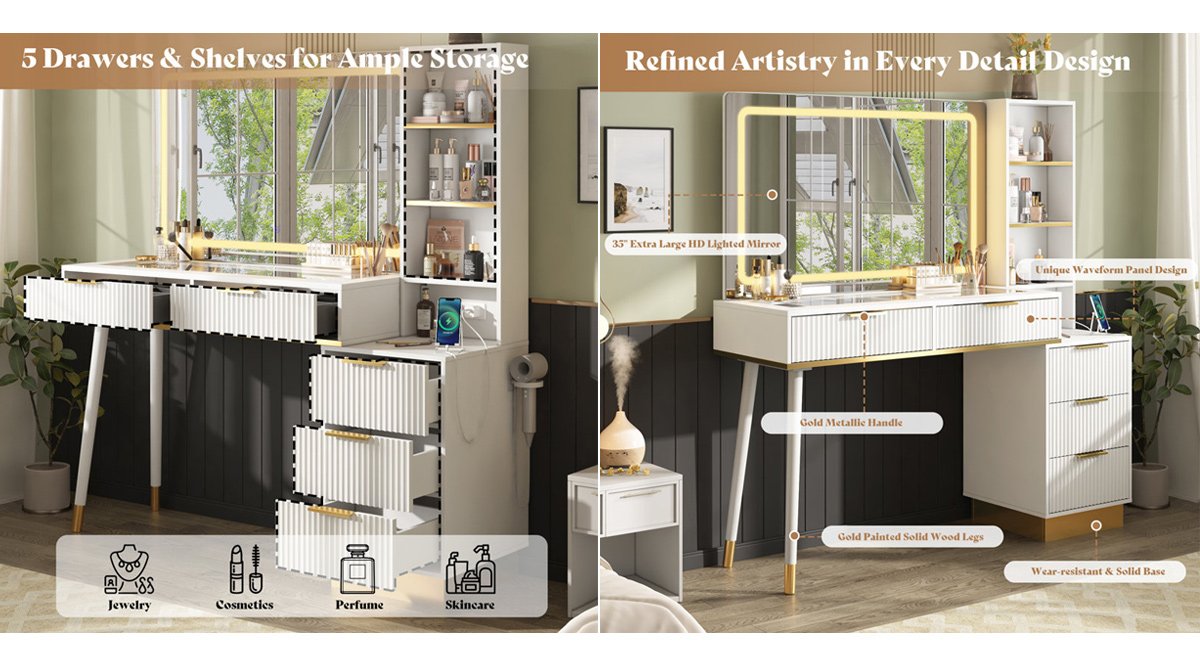 Vanity Desk with Large Lighted Mirror