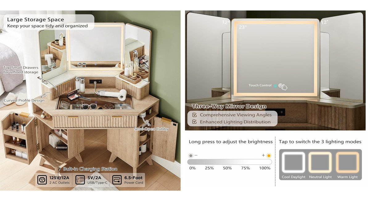 Fluted Makeup Vanity Desk with 3 Way Mirror and Lights