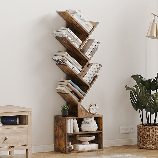 6 Tier Tree Bookshelf, Small Bookcase with Storage Cabinet
