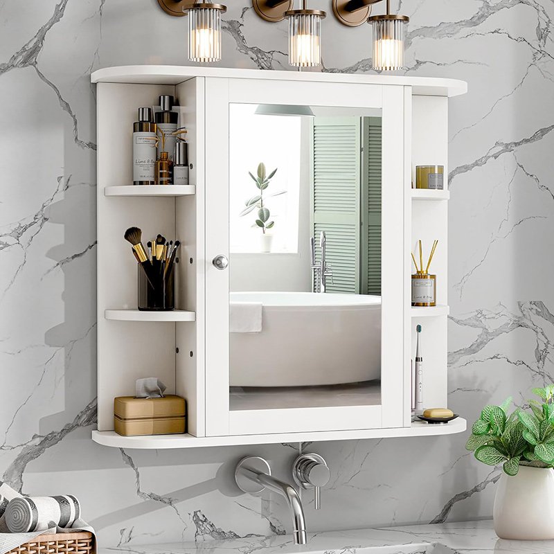 Bathroom Mirror Cabinet Wall Mounted with 6 Side Open Shelves