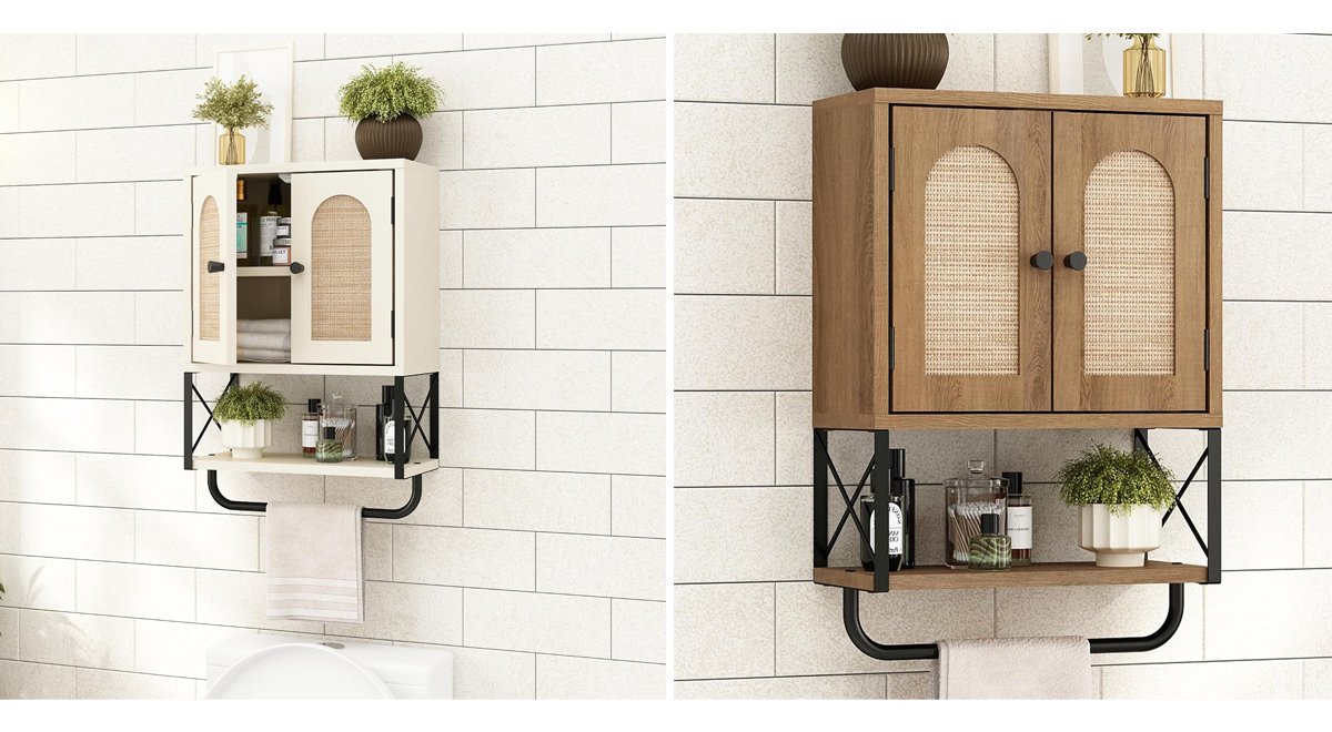 Rattan Bathroom Wall Cabinet, Boho Over The Toilet Storage Cabinet with Arched Rattan Doors