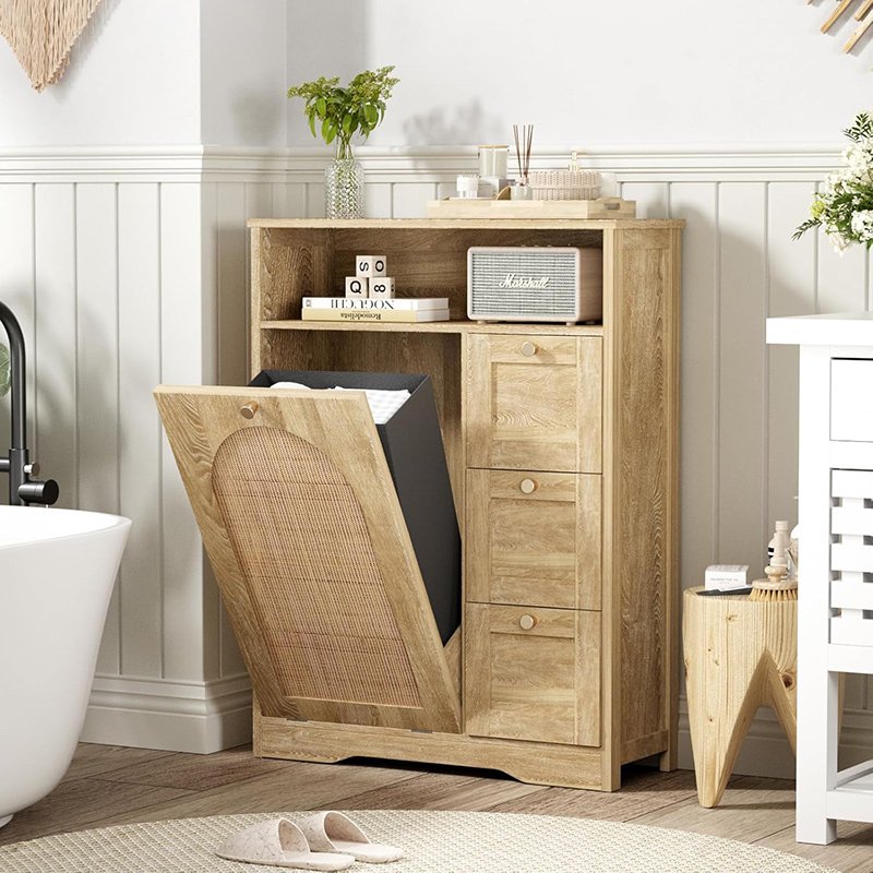 Natural Rattan Storage Cabinet with 3 Drawers, Tilt Out Trash Can Cabinet