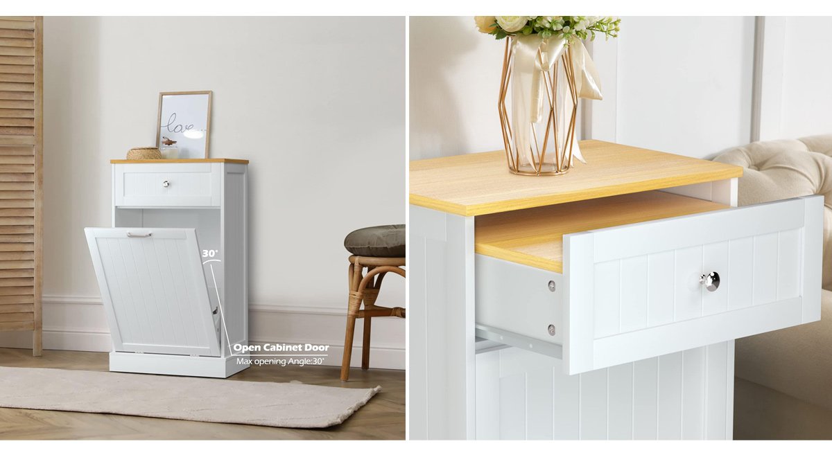 【Sturdy Construction】— High quality MDF wood sheet and stainless steel make up this Trash Cabinet. The reinforced frame and carefully selected wood panels make it long-lasting. Overall dimensions of cabinet: 20.5''W x 13"D x 35.6"H 【Updated design】— The cabinet door buckles are upgraded from 2 to 4, effectively increasing the stability of the cabinet door. We suggest two 10 gallon trash cans for this tilt out trash bin. 【Versatile storage】— can be used as a kitchen island. The countertop can place a coffee machine, microwave, etc. Also can be used as laundry bin, recycling bin, trash can etc.