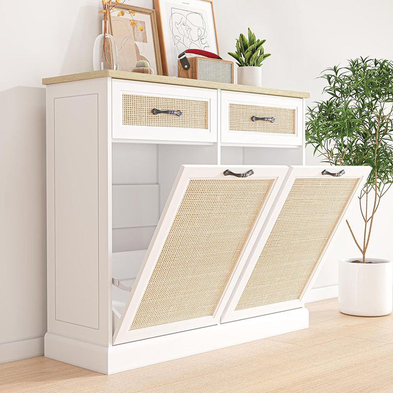 Double Trash Can Cabinet with Natural Rattan