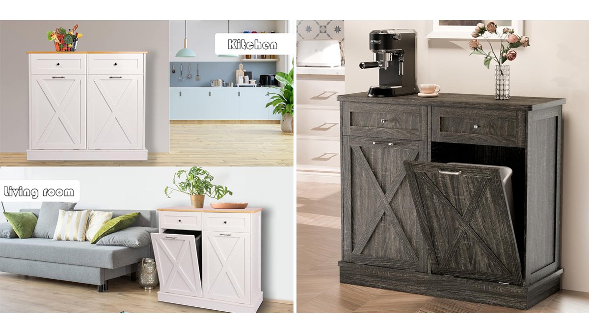 Tilt Out Trash Cabinet Free Standing 10 Gallon Recycling Trash Can Cabinet with Barn Door for Farmhouse Kitchen,Living Room, Dining Room