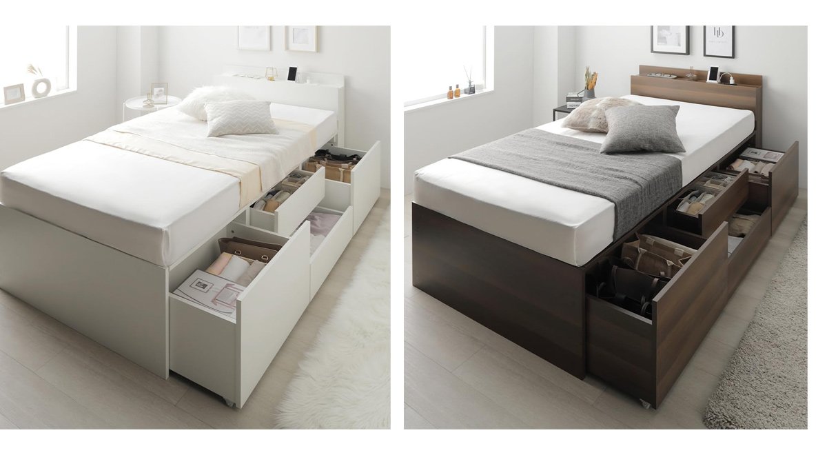 ベッド セミダブル フレームのみ グレージュ 収納付き 引き出し 大容量 チェスト 宮棚付き コンセント